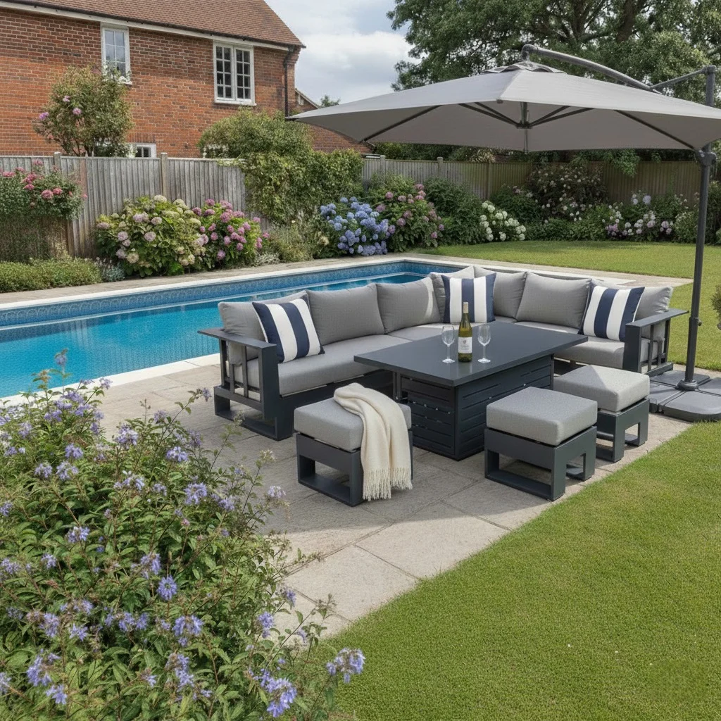 Barcelona Grey Aluminium Sofa Set with Rising Dining Table - Image 4