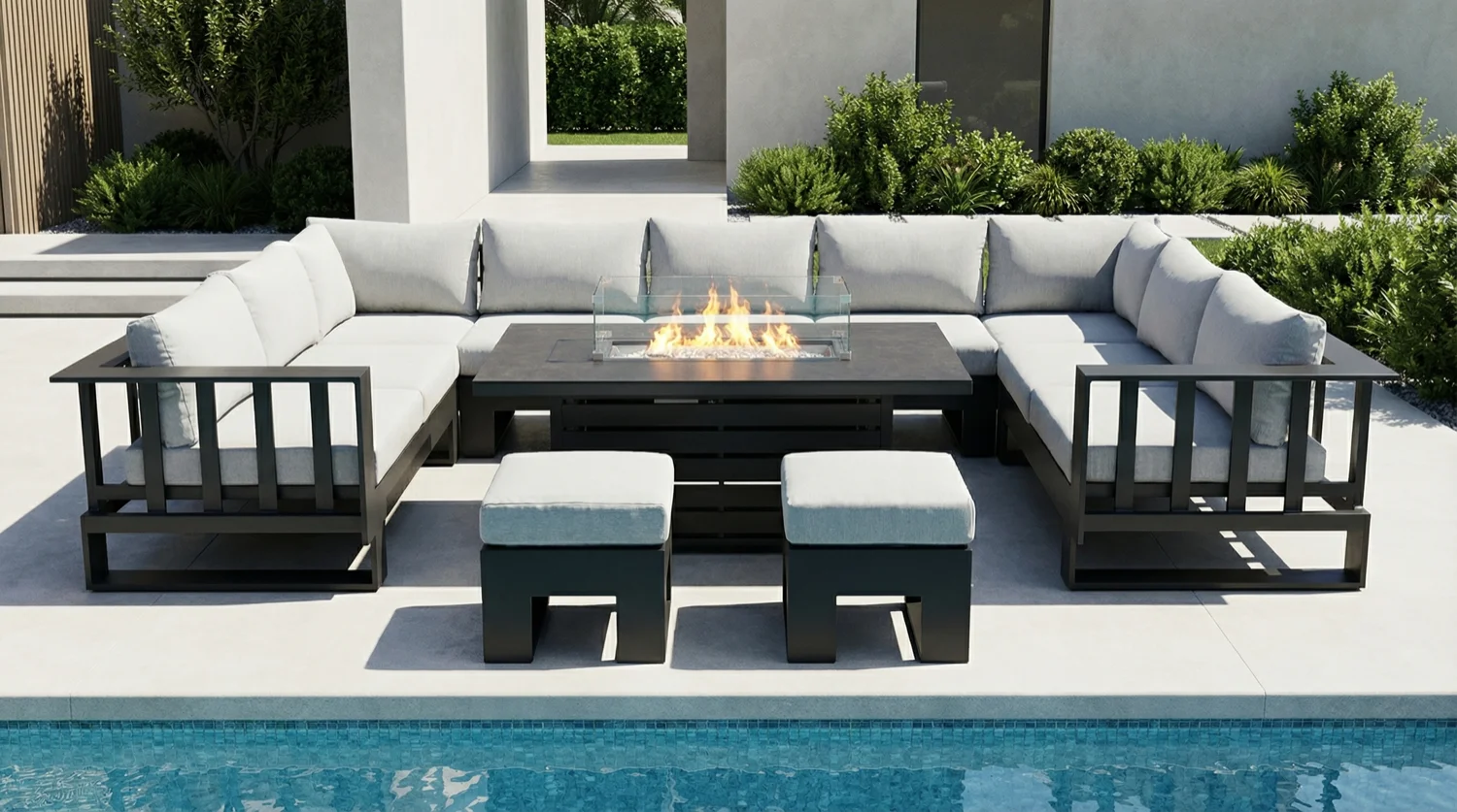 Barcelona U Grey Aluminium Sofa Set with Rising Fire Pit Table - Image 1