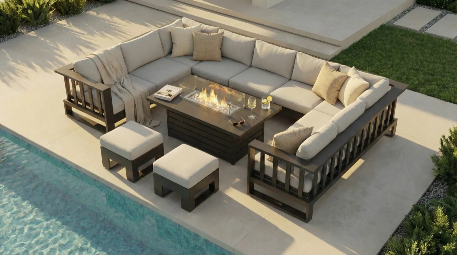 Barcelona U Grey Aluminium Sofa Set with Rising Fire Pit Table - Image 2