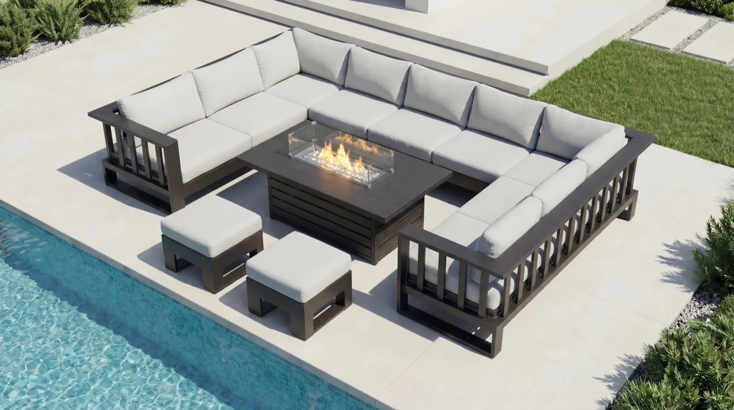 Barcelona U Grey Aluminium Sofa Set with Rising Fire Pit Table - Image 3