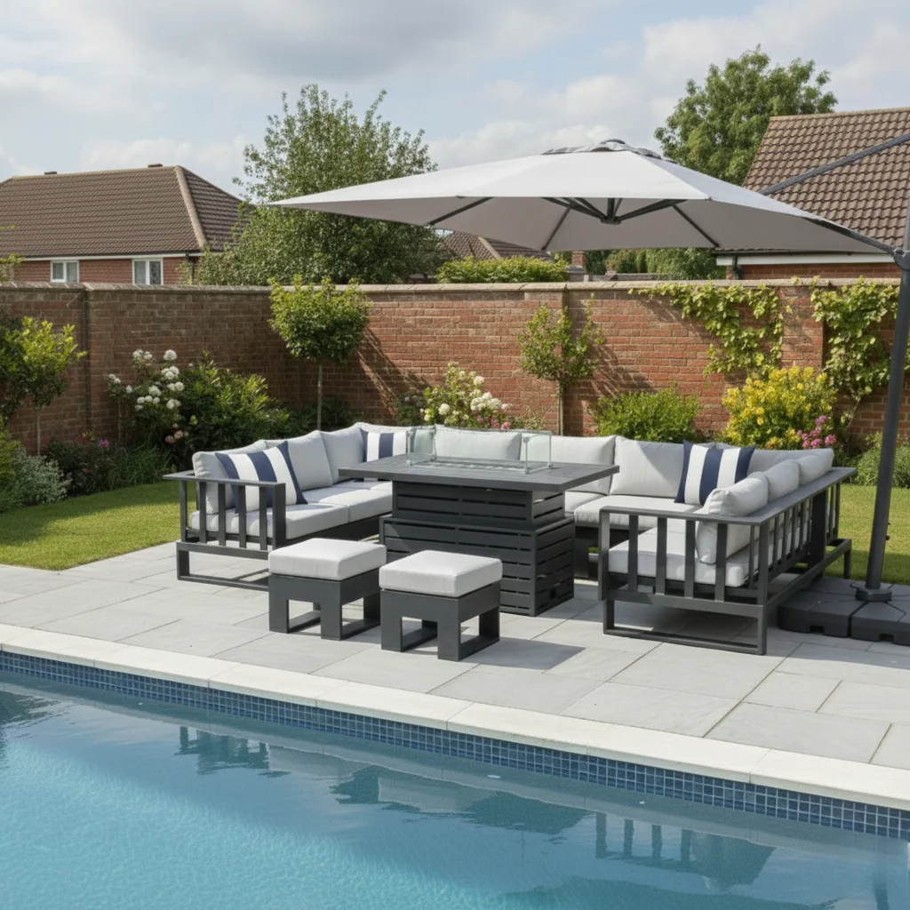 Barcelona U Grey Aluminium Sofa Set with Rising Fire Pit Table thumbnail 10